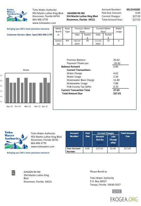 Modèle de facture de services publics des entreprises de la Toho Water Authority des États Unis, de Floride, aux formats Word et PDF